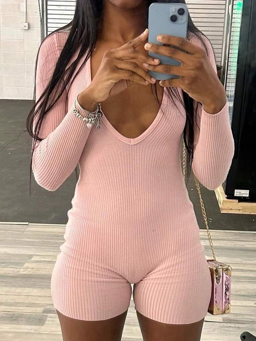 SHEIN Slayr 女士休闲纯色深 V 领连身裤，春夏 - 粉色 - 查看 1