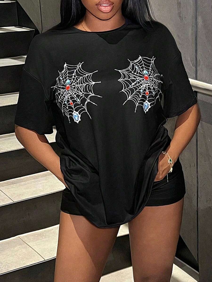 Zolique Maglietta nera da donna con stampa ragnatela per Ognissanti, scollo tondo, spalle cadenti, stile casual e ampio - nero - Visualizzare 1
