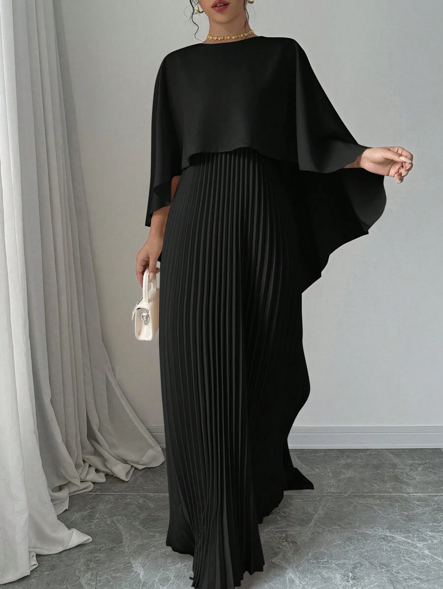Elenzga Đầm Poncho tay lỡ đơn giản màu trơn thanh lịch dành cho nữ mặc hàng ngày - màu đen - Xem 1