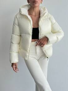 RueChic Zip Up Hooded Puffer Coat - White - View 4