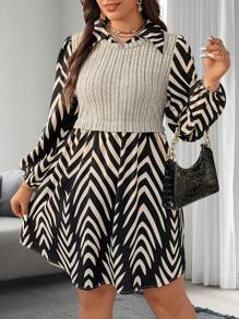 SHEIN Unity Plus Size Casual Spring & Autumn Printed Patchwork 2 In 1 Dress - Multicolor - View 3