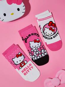 HELLO KITTY AND FRIENDS | SHEIN 3双装女士卡通猫咪字母图案蝴蝶结粉色撞色短袜，情人节