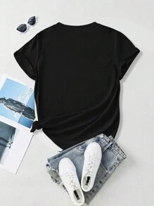 Maweii 大码妈妈字母印花休闲 T 恤，3 个孩子妈妈印花短袖圆领休闲上衣，春夏季，女士服装 3 个孩子妈妈 - 黑色 - 查看 2