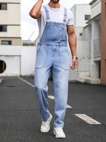 Manfinity Homme Men's Casual Basic Plain Washed Denim Overall, For Going Out, Husband - Blue - View 5