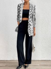 SHEIN Essnce 女士春夏休闲蛇皮图案翻领西装外套 - 黑與白 - 查看 6