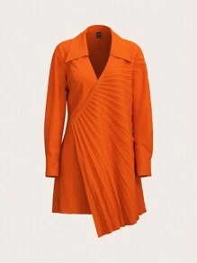 SHEIN LUNE Women Short Crew Neck Button Front Long Sleeve Casual Dress - Orange - View 8