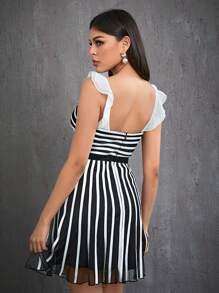 Women's Mgiacy Ruffle Collar Striped Formal Evening Dress - Black and White - View 2