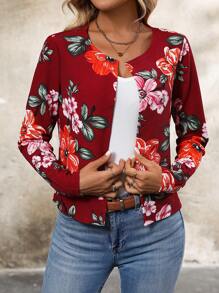 SHEIN Clasi Áo khoác nữ dài tay in hoa - Màu Đỏ Sâu - Xem 1