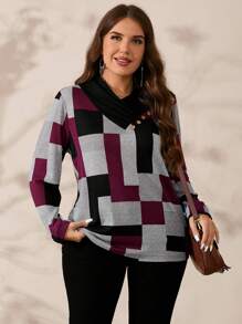 EMERY ROSE Plus Size V-Neck Long Sleeve All-Over Print Button Casual Loose Comfortable Fall T-Shirt