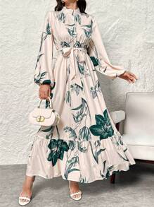 Modelyn Women's Floral Print Stand Collar Lantern Sleeve Ruffle Hem Maxi Arabic Long Modest Elegant Dress, Modest Elegant Style For Casual Daily/Travel/Holiday/Vacation/Parties - Multicolor - View 1