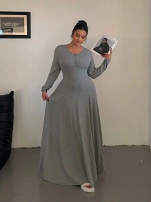 Flirla Plus Size Solid Color Knit Elegant A-Line Flowy Dress Maxi Women Outfit - Grey - View 4
