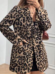 SHEIN EZwear 女士豹纹宽松西装外套 - 杏色 - 查看 3