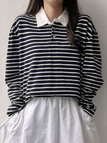 DAZY 女士条纹 Polo 领长袖 T 恤，秋季 T 恤 - 黑與白 - 查看 4