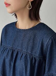 FRIFUL 女式纯色荷叶边下摆圆领牛仔褶裥衬衫、返校服、牛仔夹克、秋季女装 - 藍色 - 查看 6