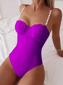 SHEIN Swim Traje de baño de una pieza sin mangas con detalles decorativos, ajuste delgado para el verano