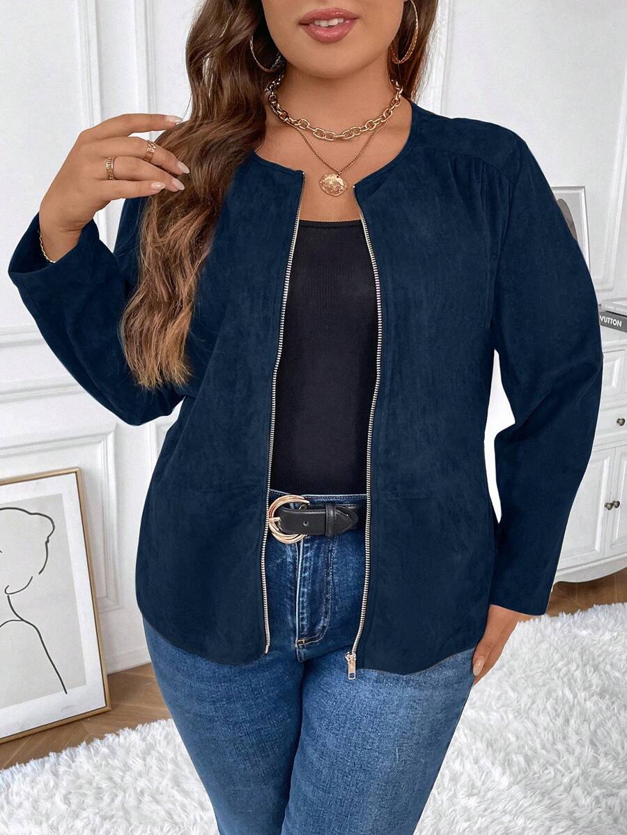 SHEIN Clasi Áo khoác có khóa kéo thông thường đơn giản màu trơn dành cho nữ cỡ lớn - Màu xanh hải quân - Xem 1