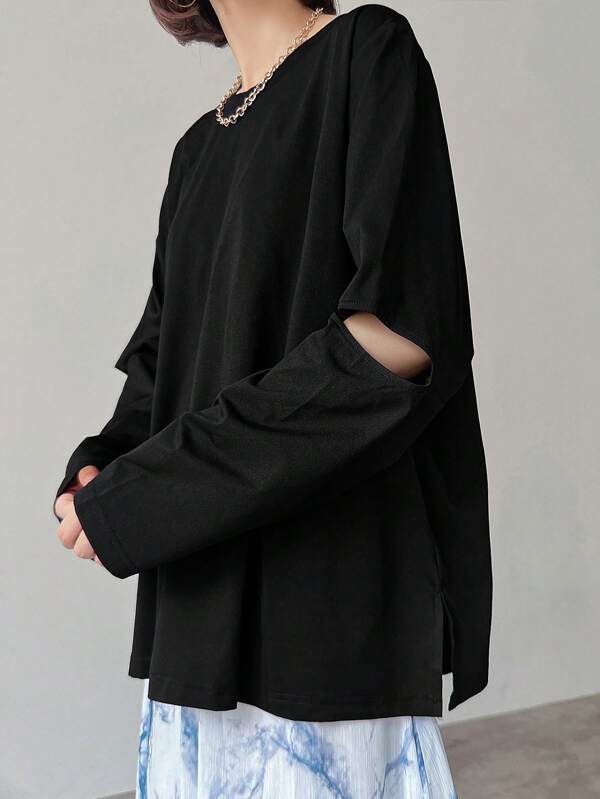 FRIFUL Women's Solid Color Form-Fitting Cut-Out Sleeve T-Shirt Long Sleeve Women Tops