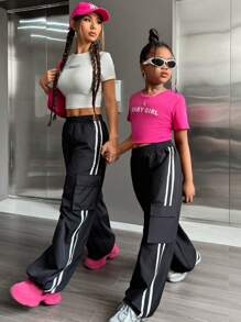 SHEIN 少女休闲宽松梭织运动裤，母女装（两件套，分开出售） - 黑色 - 查看 7