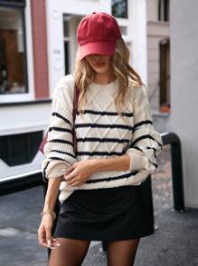 Femmeiva Elegant Retro Colorblock Black And White Striped Design Loose Crew Neck Long Sleeve Sweater For Women, Autumn, Knit Pullover Fall Winter - Black and White - View 3