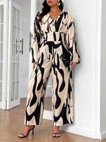 SHEIN Frenchy Plus Size Casual Random Print Batwing Jumpsuit,Office Wear, Spring Autumn - Black and White - View 3