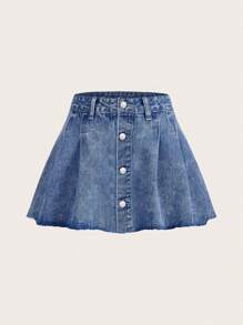 SHEIN EZwear Women's Frayed Buttoned Front Short Denim Skirt - Dark Wash - View 1