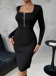 Calvaya Vestido de mujer de punto con cuello redondo, cremallera y manga larga en unicolor, de estilo minimalista y de uso diario