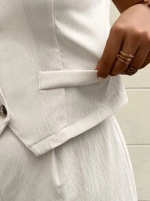 Calvaya Plus Size Solid V-Neck Front Button Sleeveless Blazer Jacket & Shorts 2-Piece Suit Set