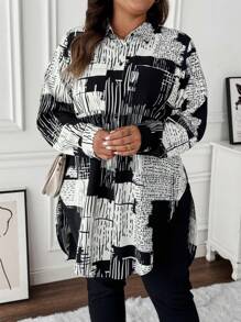 SHEIN LUNE Plus Size Newspaper Floral Print Asymmetric Hem Button-Up Long Sleeve Casual Shirt - Black and White - View 6