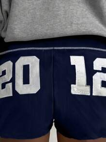 INAWLY Women's Numeric Print Drawstring Waist Casual Shorts - Navy Blue - View 3