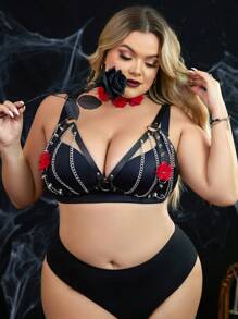 2pcs Plus Size Halloween Chain Link & 3D Floral Bold Avant-Garde Leather Decor Lingerie Set - Black - View 3
