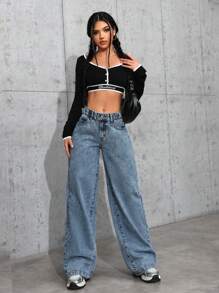 SHEIN EZwear Women Casual Button Waist Belt Pocket Straight Leg Jeans For Street Fashion - Blue - View 6