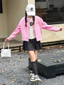 SHEIN Tween Girl Collegiate Style Casual Sports Colorblock Flat Knit Letter Grafisch Kort Roze Jasje Buitenkleding