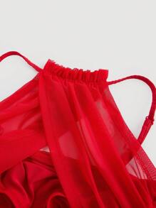 SHEIN MOD Apricot Elastic Mesh Ruched Summer Women Tank Top,Valentine Outfits,Valentine Outfits - Red - View 3