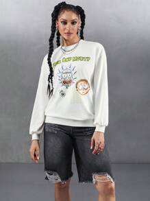 Rick and Morty X SHEIN 1 pièce Sweatshirt ample à encolure ras du cou, avec personnage de dessin animé et imprimé de lettre, avec épaules tombantes, style casual, pour femmes, printemps et automne