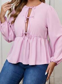 SHEIN Clasi Camisa de manga larga de unicolor con cuello de corbata y volante en el bajo, talla grande