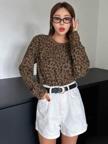 DAZY Leopard Print Round Neck Loose Short Sleeve T-Shirt For Women,Fall Clothes,Back To School Clothes Long Sleeve Women Tops