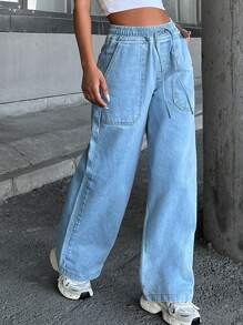 EURMUSE STRAIGHT HIGH ELSTIC WAIST JEANS - Medium Wash - View 1