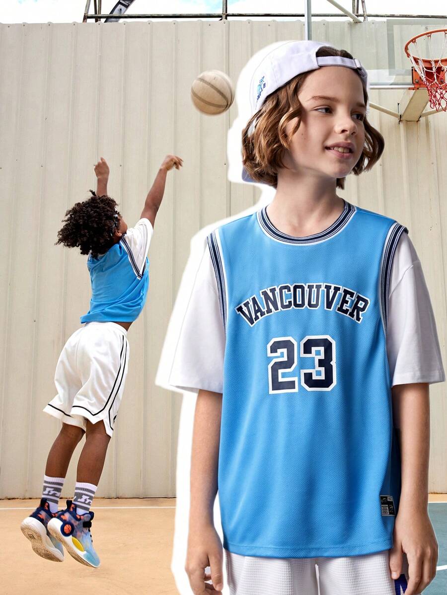 SHEIN Lässiges Sport T-Shirt mit Buchstaben-Muster und Mock Layer für Tween Jungen - Blau - Übersicht 1