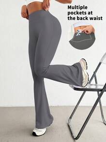 Easithlete 高腰无缝瑜伽裤女式桃臀喇叭修身健身紧身裤 - 灰色 - 查看 1