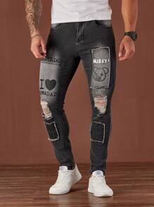 Manfinity LEGND Jeans pitillo de calle negros de denim con estampado de letras para hombres - Negro - Ver 6