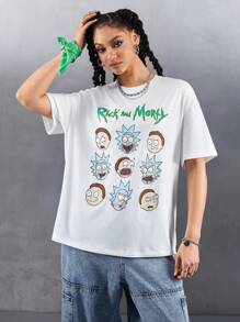 Rick and Morty X SHEIN FALL Multiverse White Loose Shoulder Portrait Print T-Shirt