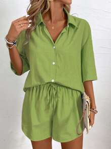 EMERY ROSE Solid Button Front Blouse& Drawstring Waist Shorts - Lime Green - View 7