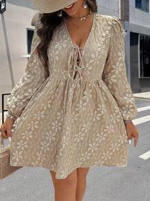 Flirla Plus Size Floral Jacquard Puff Sleeve Casual Vacation Dress