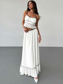 Aloruh 2pcs Women Romantic Date & Vacation Contrasting Texture Multi-Layered Contrasting Trim Camisole + Contrasting Trim Ruffle Skirt Set - White - View 4