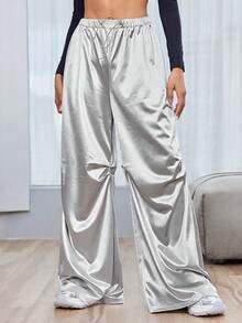SHEIN Essnce 女士休闲时尚银色抽绳百褶休闲运动宽松裤特长拖地裤降落伞裤阔腿女裤秋季女装 - 銀色 - 查看 7