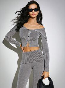 Poéselle 2 件女式露肩纯色上衣和修身裤针织毛衣套装，毛衣套装，秋季毛衣，2 件 - 灰色 - 查看 6