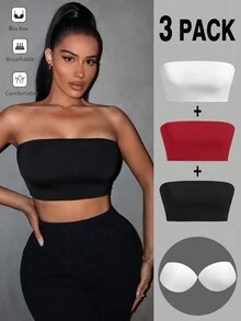 SHEIN SXY 3 chiếc áo crop top gợi cảm đa năng co dãn dành cho nữ có miếng đệm áo ngực tích hợp - Đỏ - Xem 3