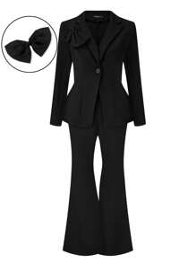 SHEIN Clasi Plus Size Nữ Mùa Xuân, Mùa Thu Chắc Chắn Áo Blazer Tay Dài Và Vòng Bít Loe Bộ Đồ Công Sở Thanh Lịch - màu đen - Xem 1