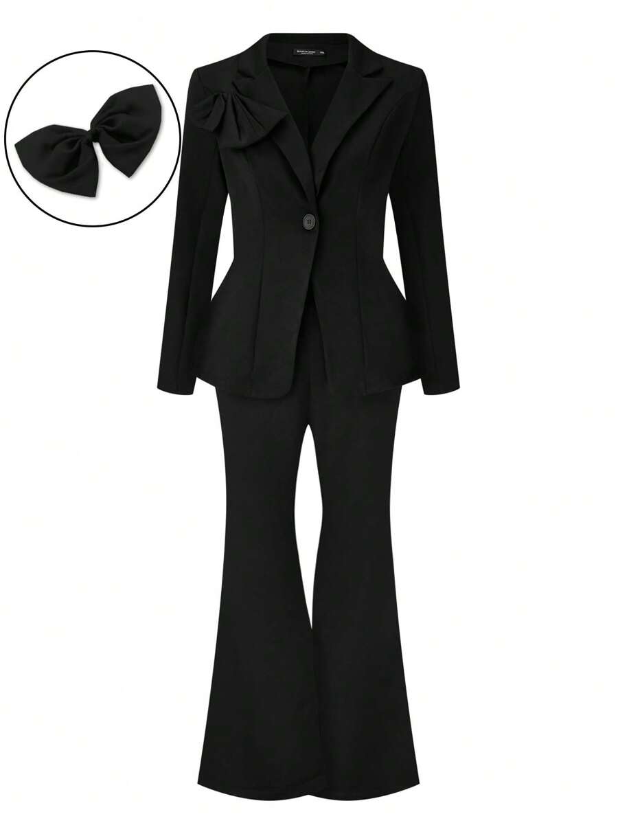 SHEIN Clasi Plus Size Nữ Mùa Xuân, Mùa Thu Chắc Chắn Áo Blazer Tay Dài Và Vòng Bít Loe Bộ Đồ Công Sở Thanh Lịch - màu đen - Xem 1