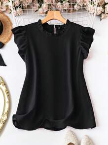 EMERY ROSE Plus Size Summer Casual Solid Color Cap Sleeve Black Blouse